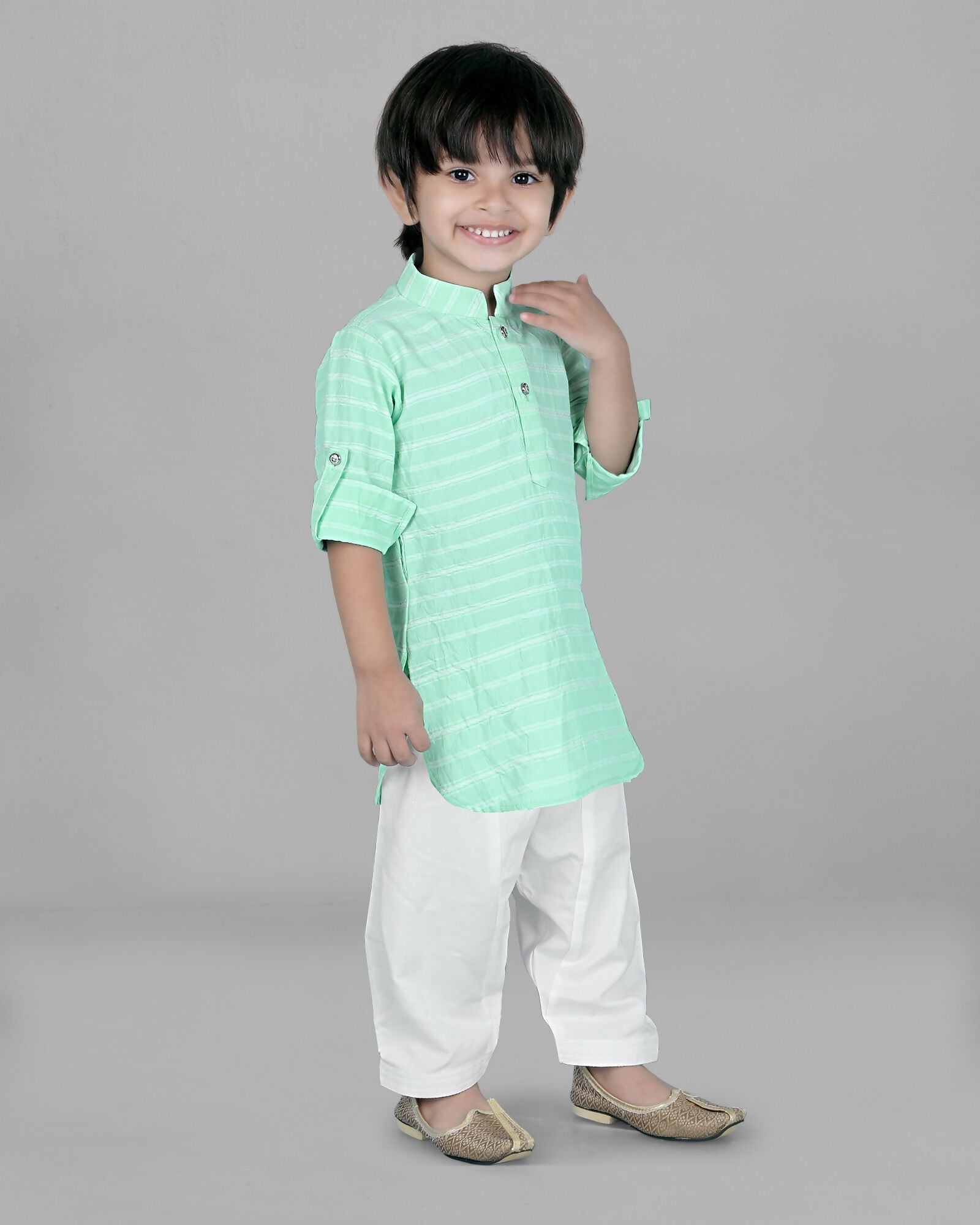 Joban Fashion Kids Island Cotton Full Sleeves Striped Kurta and Pyjama- Sea Green | Grocsy