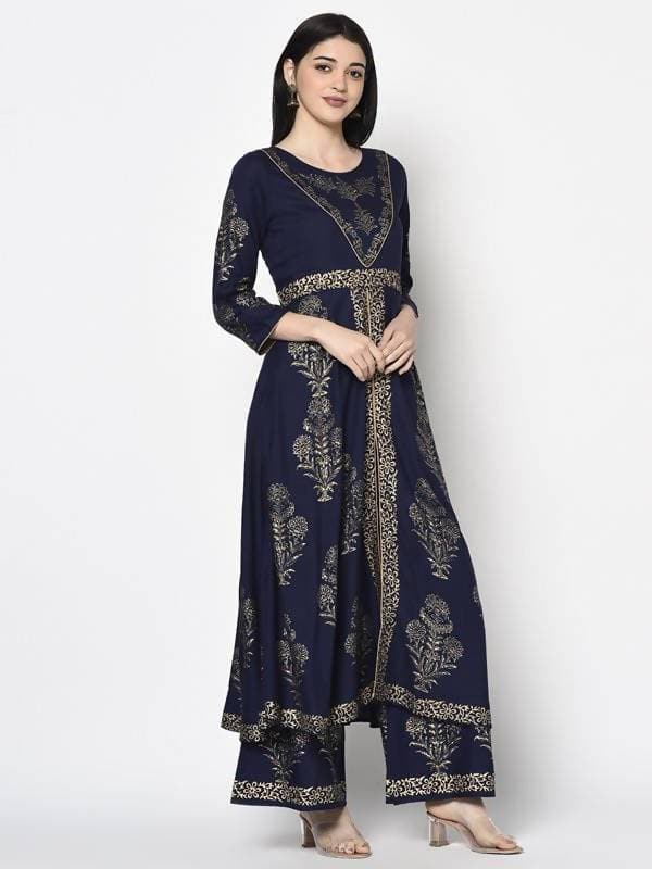 Aniyah Rayon Navy Blue Color Foil Print Anarkali Kurta (AN-192K) | Grocsy