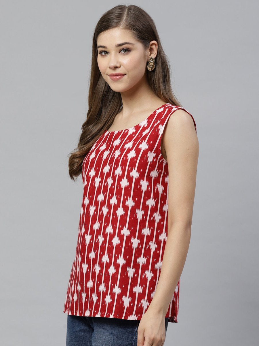 Ahalyaa Women Red & White Printed Pure Cotton Top | Grocsy