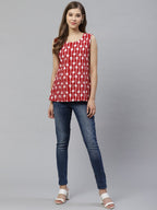 Ahalyaa Women Red & White Printed Pure Cotton Top | Grocsy