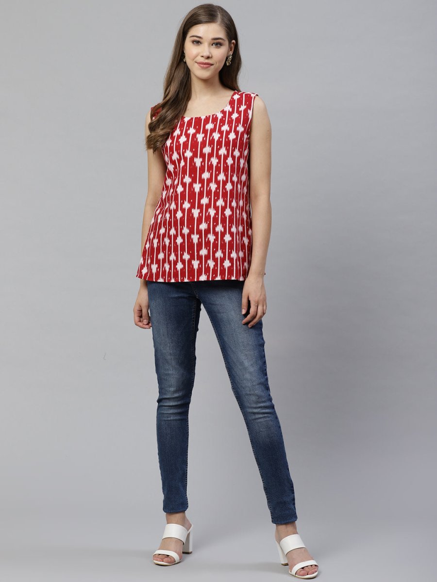 Ahalyaa Women Red & White Printed Pure Cotton Top | Grocsy