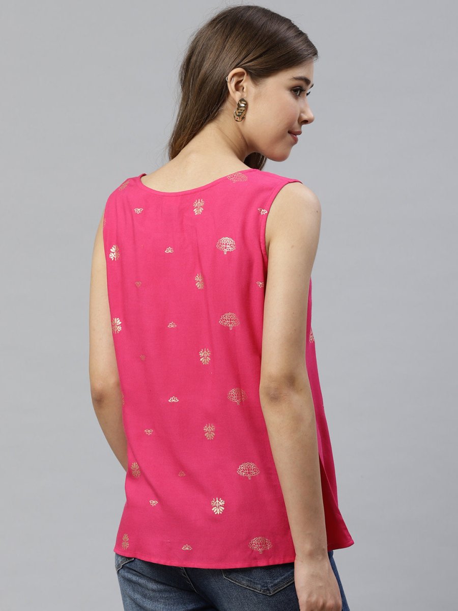 Ahalyaa Women Pink & Golden Printed Top | Grocsy