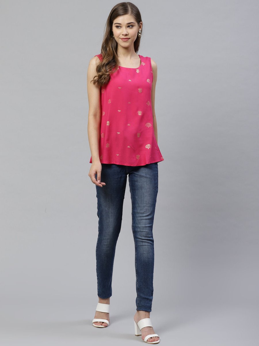 Ahalyaa Women Pink & Golden Printed Top | Grocsy