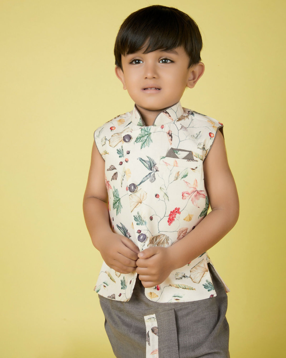 Joban Fashion Kids Island Cotton Sleeveless printed Kurta and Solid Dhoti - Cream | Grocsy