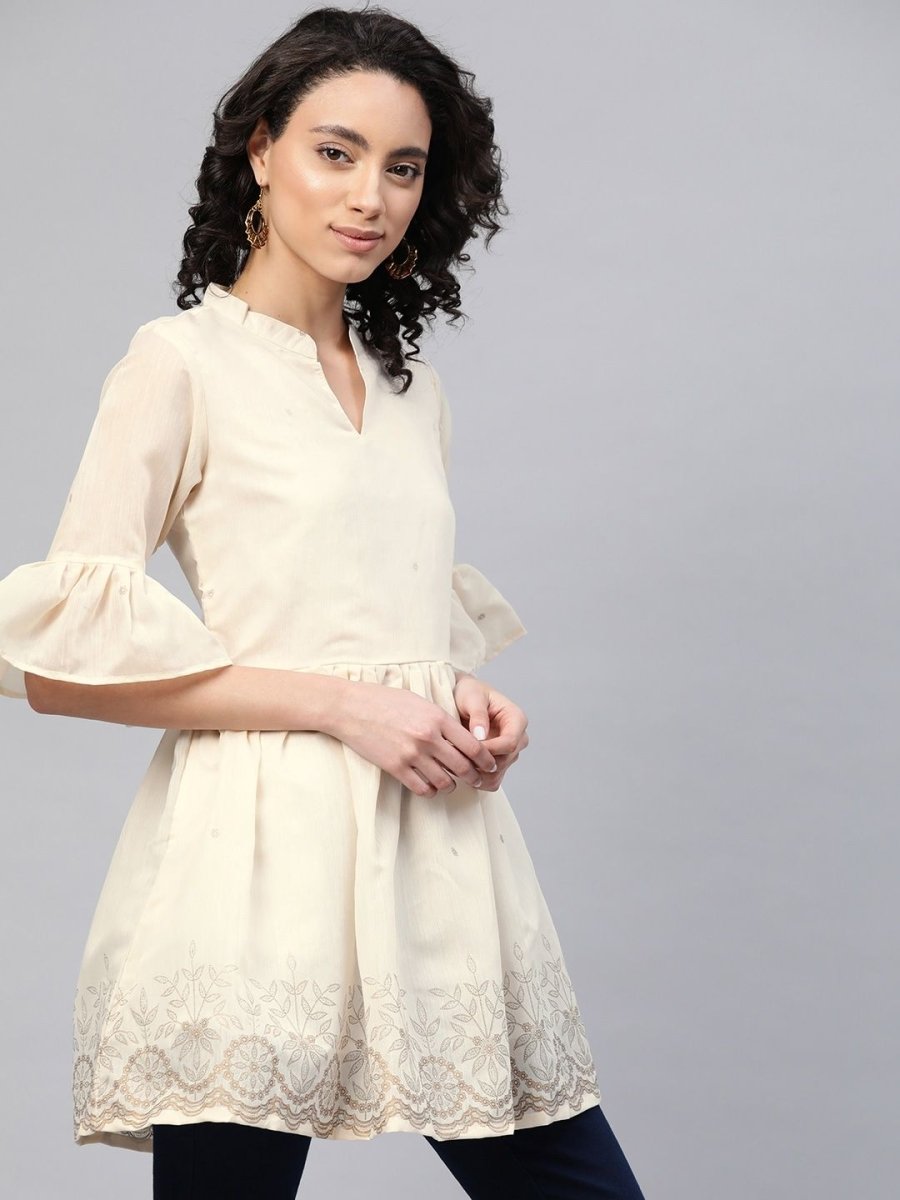 Ahalyaa Women Cream-Coloured Chanderi Ethnic Print Tunic | Grocsy