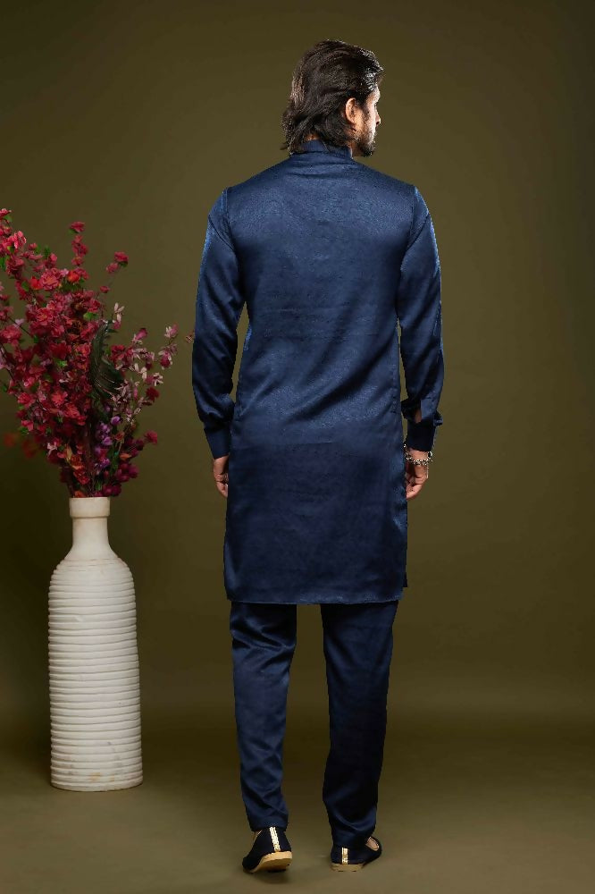 Raivat Ethnic Art Banarasi Silk Thread Work Kurta Pajama In Blue Colour | Grocsy