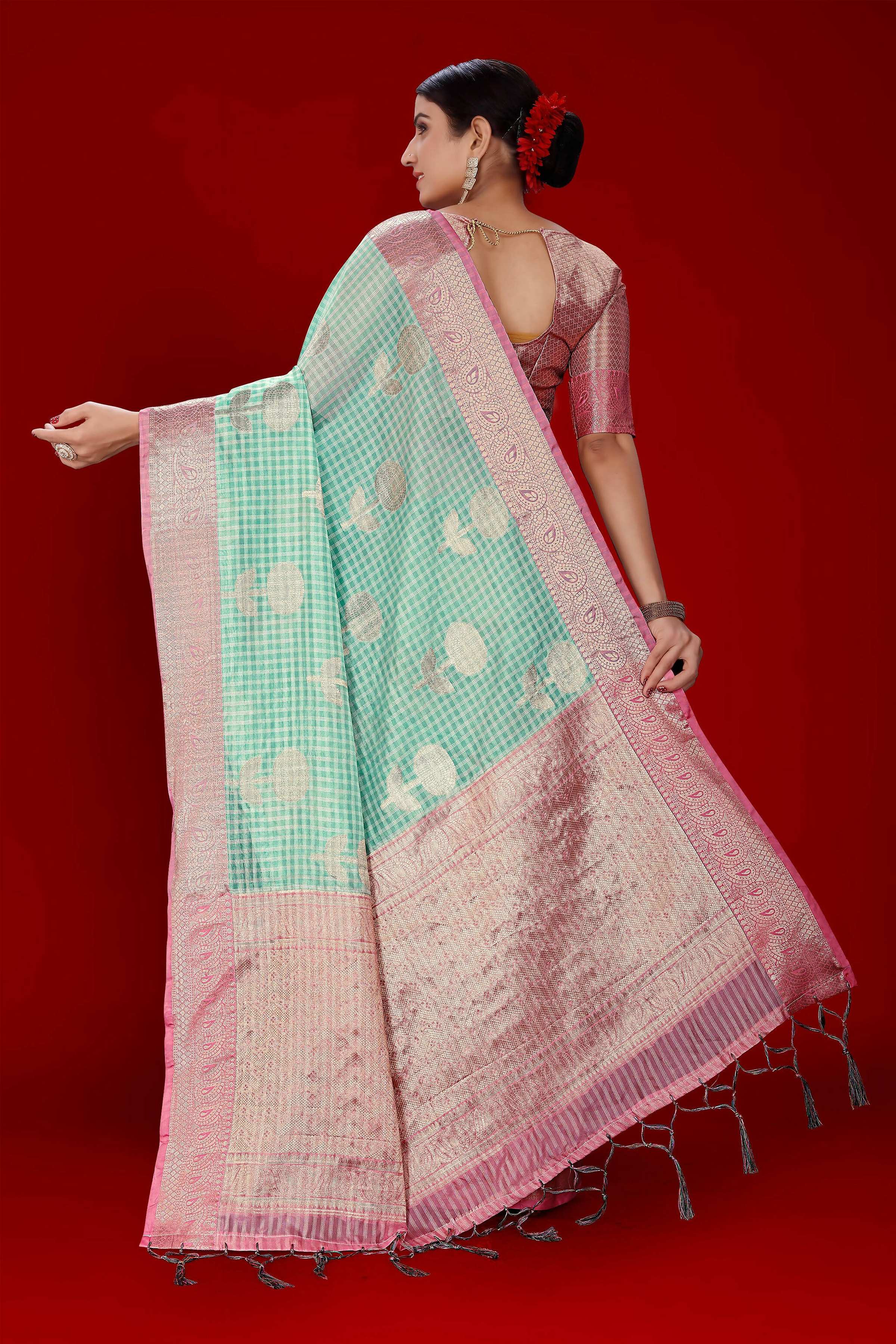 Sky Blue Soft Organza Woven Design Saree With Unstitched Blouse Piece - Zaara | Grocsy