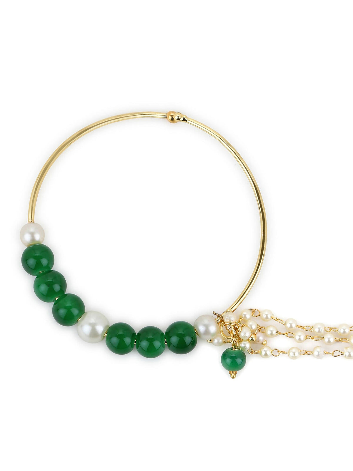 Gold-Polished White Green Stone-Studded Pearl Beaded Nosepin - Ruby Raang | Grocsy
