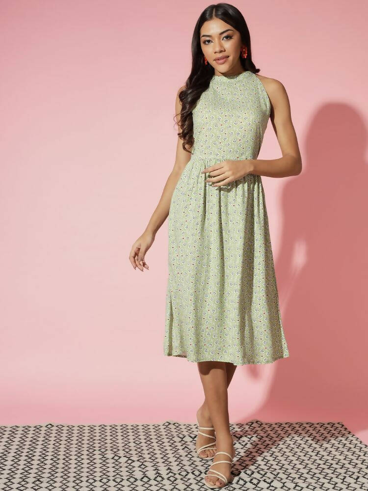 Myshka Women Green Ethnic Motifs Rayon A-Line Round Neck Dress | Grocsy