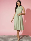 Myshka Women Green Ethnic Motifs Rayon A-Line Round Neck Dress | Grocsy
