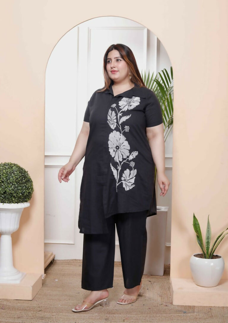 Miravan Women's Plus Size Black Pure Cotton Floral Embroidered High Low Co-Ord Set | Grocsy