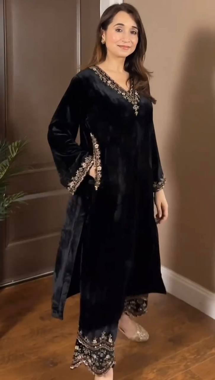 Prazu Fashion Black Viscose Velvet Thread Sequence Salwar Suit | Grocsy