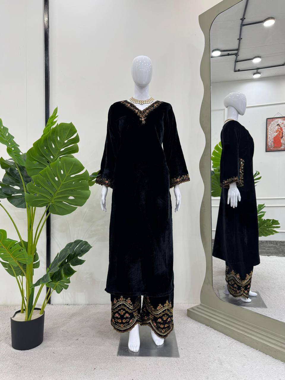 Prazu Fashion Black Viscose Velvet Thread Sequence Salwar Suit | Grocsy
