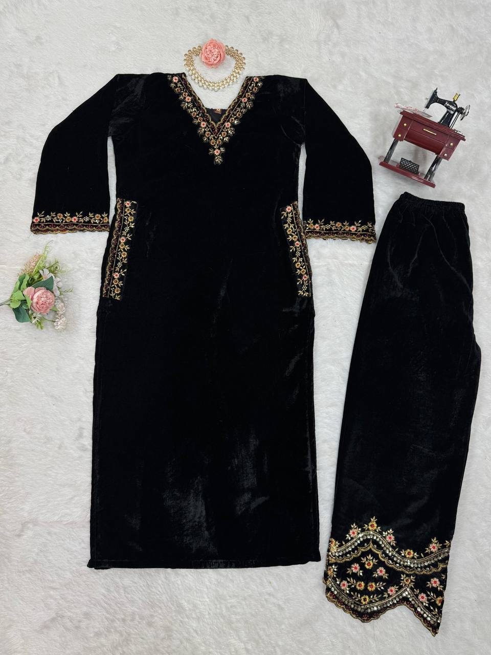 Prazu Fashion Black Viscose Velvet Thread Sequence Salwar Suit | Grocsy