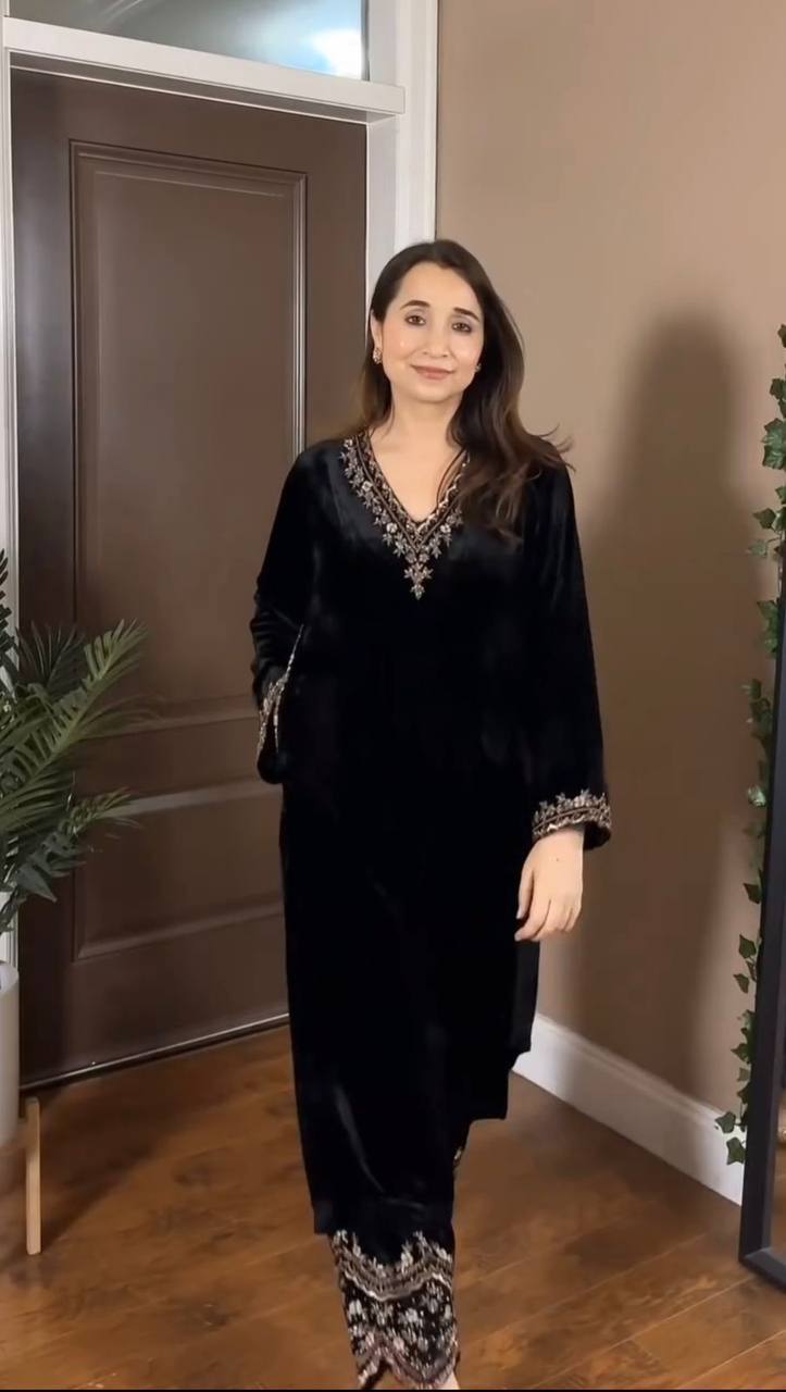 Prazu Fashion Black Viscose Velvet Thread Sequence Salwar Suit | Grocsy