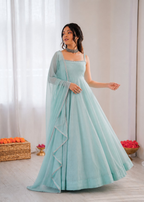 Prazu Fashion Sky Blue Art Silk Hotfixing Designer Anarkali Suit | Grocsy