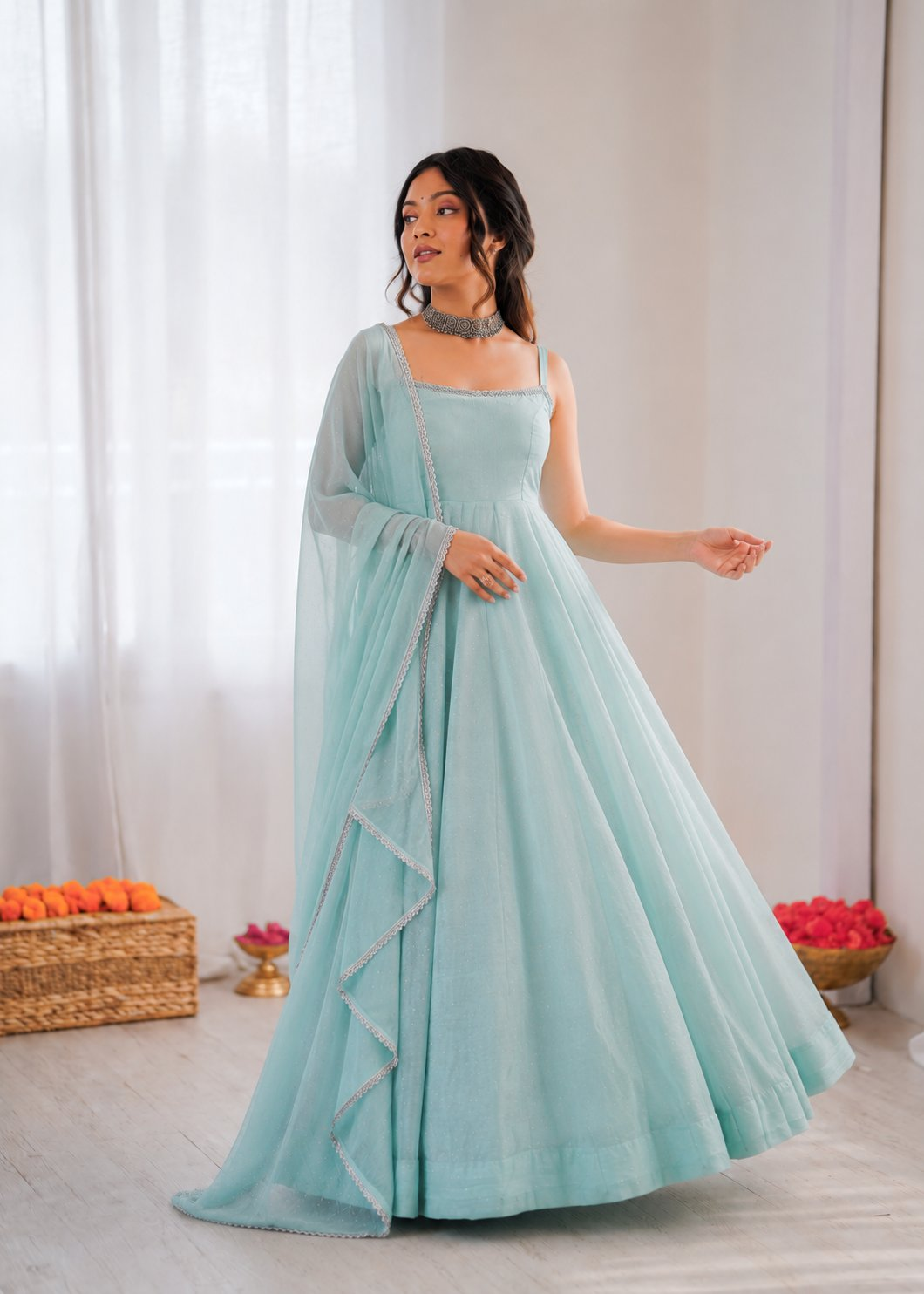 Prazu Fashion Sky Blue Art Silk Hotfixing Designer Anarkali Suit | Grocsy