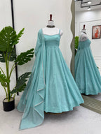 Prazu Fashion Sky Blue Art Silk Hotfixing Designer Anarkali Suit | Grocsy
