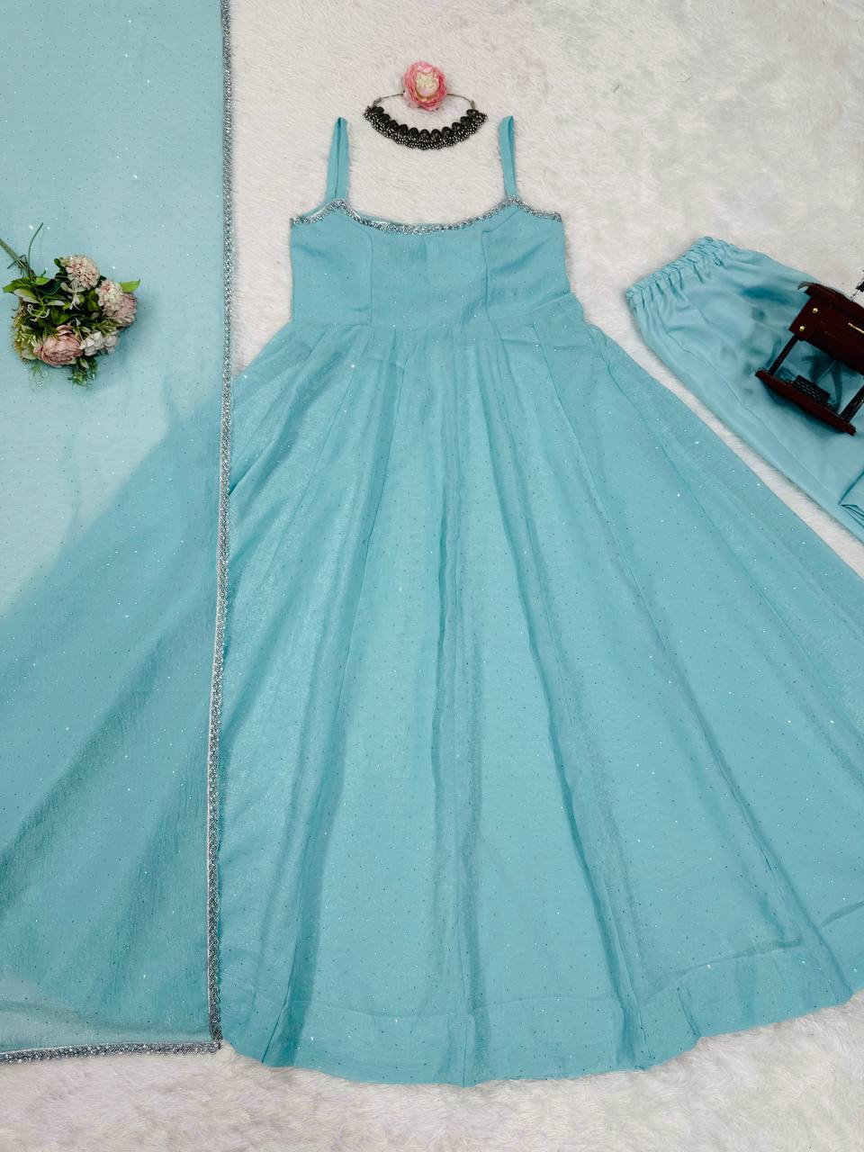 Prazu Fashion Sky Blue Art Silk Hotfixing Designer Anarkali Suit | Grocsy