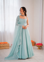 Prazu Fashion Sky Blue Art Silk Hotfixing Designer Anarkali Suit | Grocsy