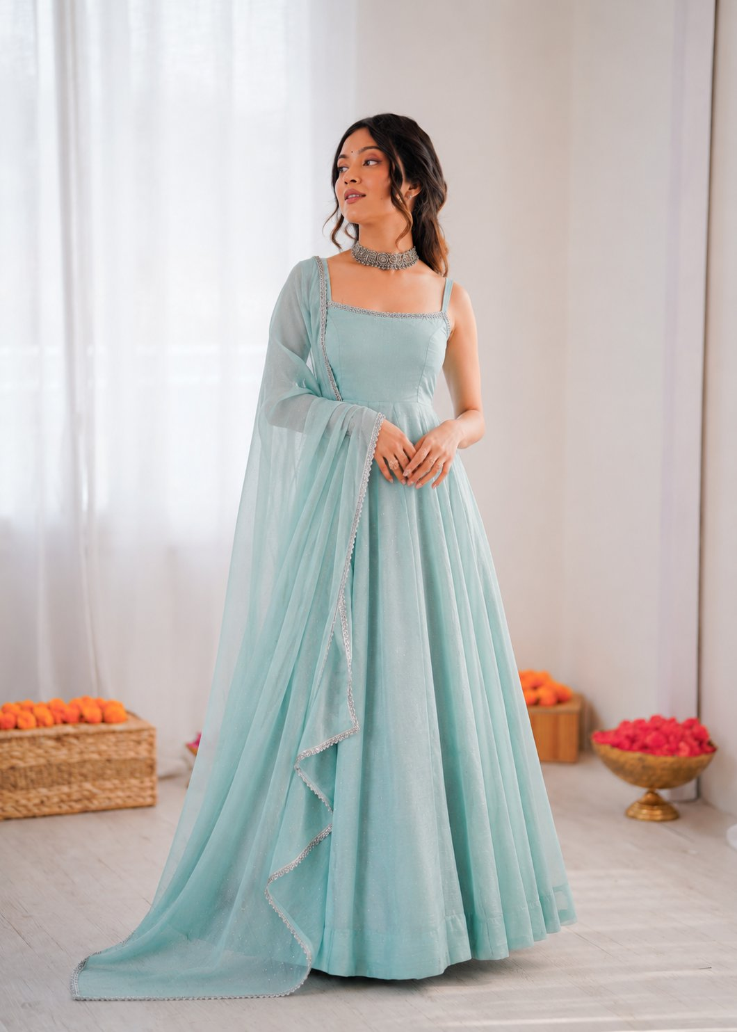 Prazu Fashion Sky Blue Art Silk Hotfixing Designer Anarkali Suit | Grocsy