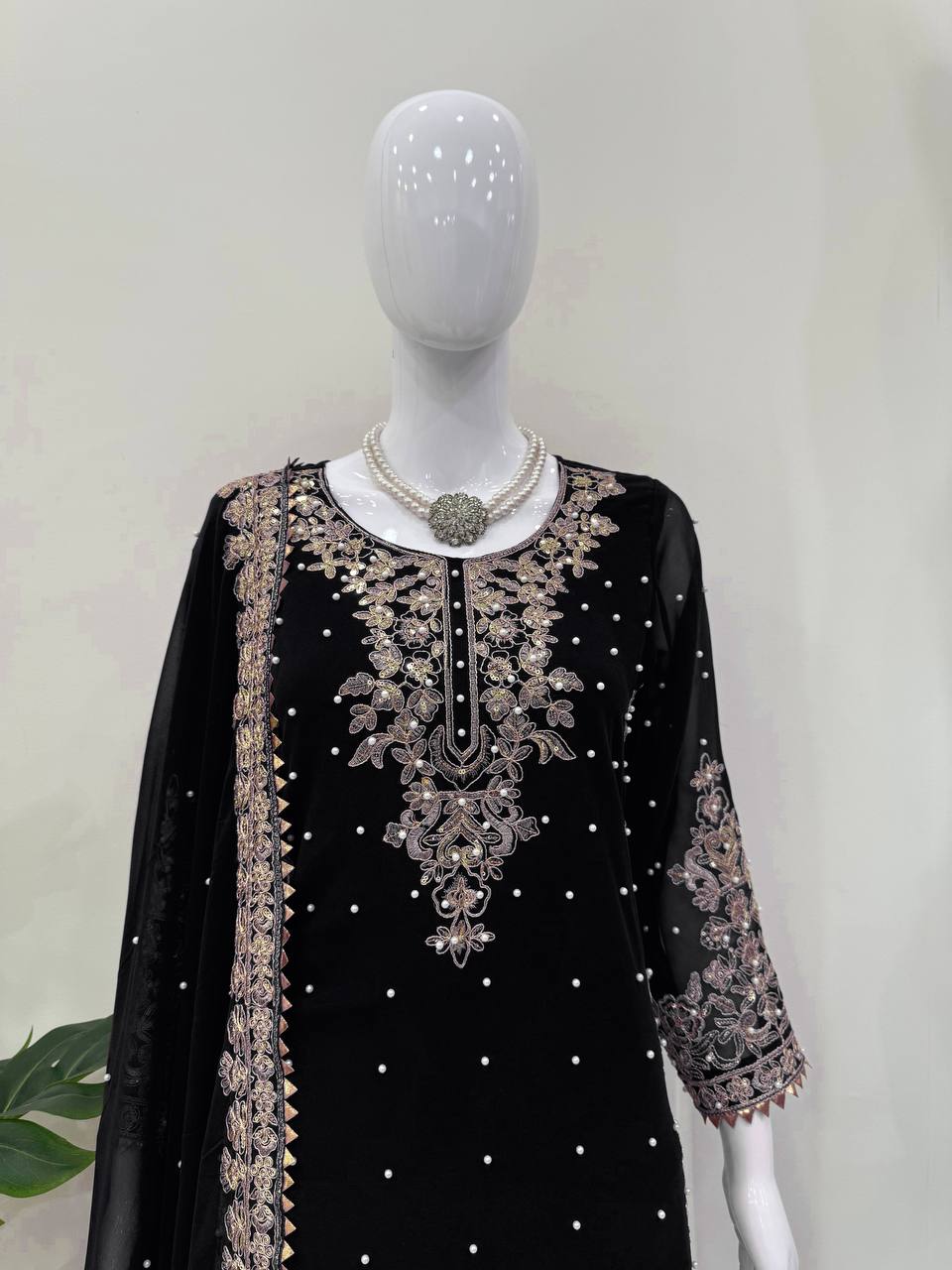 Prazu Fashion Black Georgette Sequin With Rivet Moti Palazzo Suit | Grocsy
