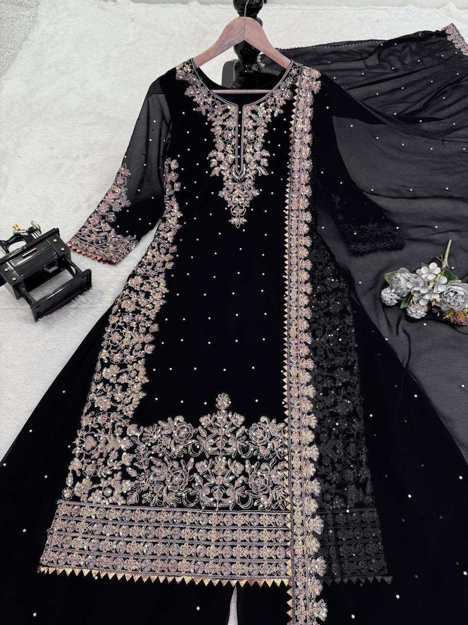 Prazu Fashion Black Georgette Sequin With Rivet Moti Palazzo Suit | Grocsy