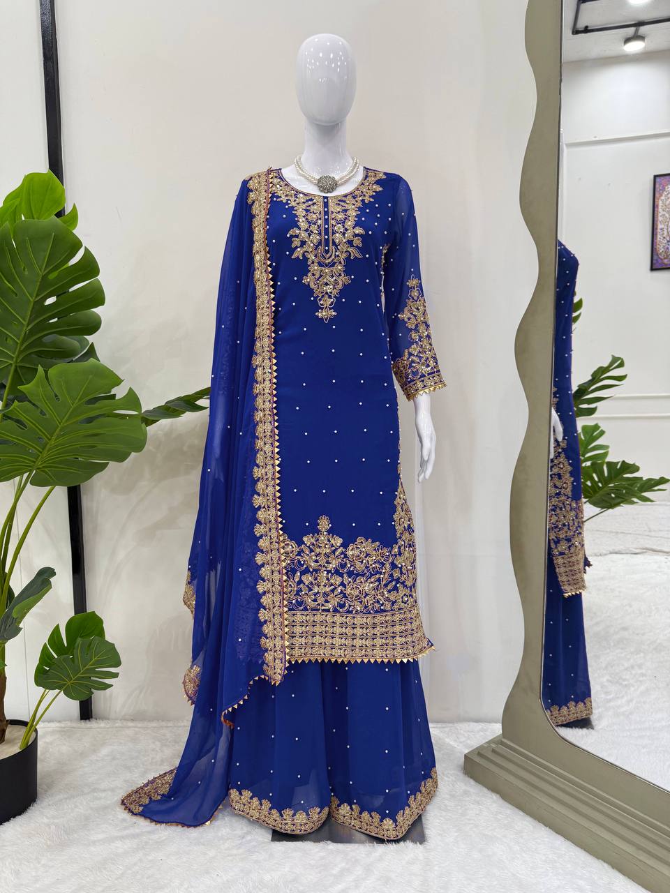 Prazu Fashion Blue Georgette Sequin With Rivet Moti Palazzo Suit | Grocsy