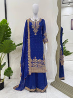 Prazu Fashion Blue Georgette Sequin With Rivet Moti Palazzo Suit | Grocsy