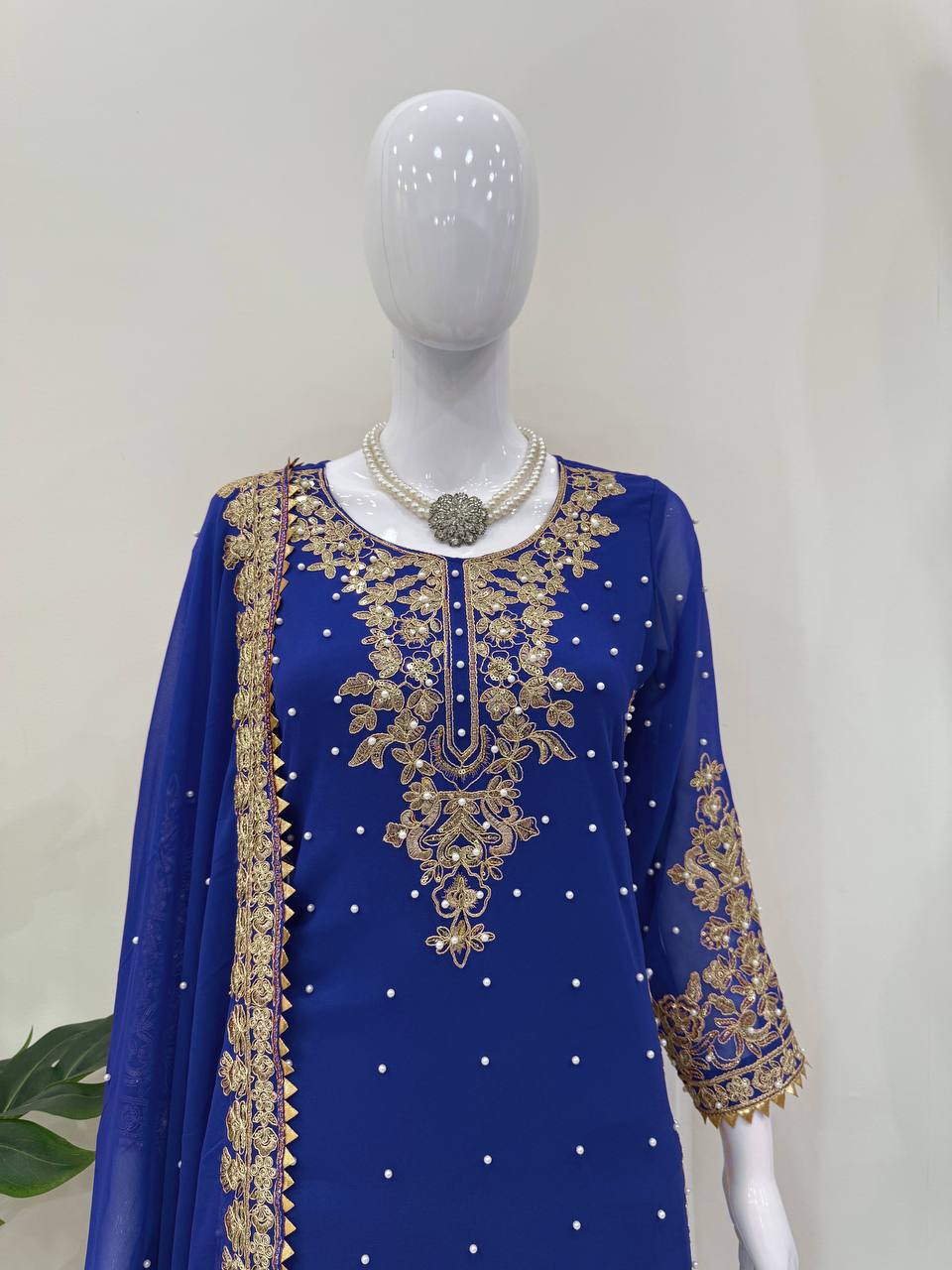 Prazu Fashion Blue Georgette Sequin With Rivet Moti Palazzo Suit | Grocsy