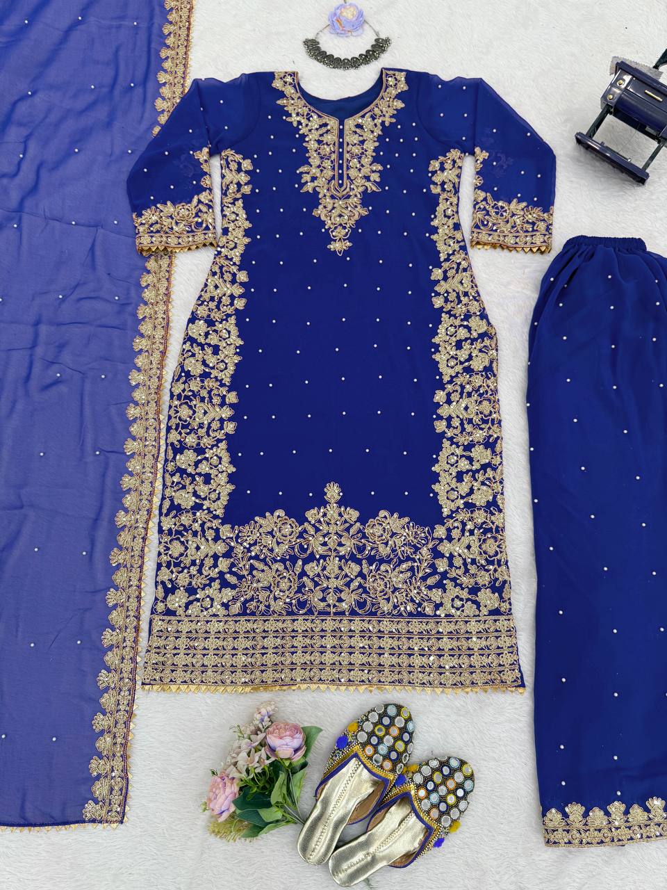 Prazu Fashion Blue Georgette Sequin With Rivet Moti Palazzo Suit | Grocsy