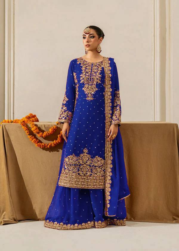 Prazu Fashion Blue Georgette Sequin With Rivet Moti Palazzo Suit | Grocsy