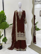 Prazu Fashion Coffee Georgette Sequin With Rivet Moti Palazzo Suit | Grocsy