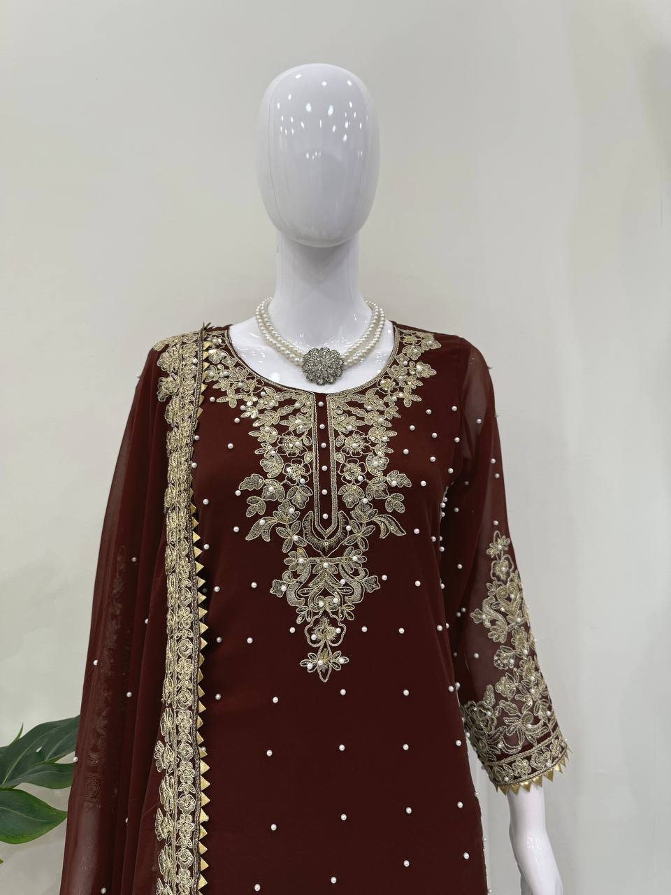 Prazu Fashion Coffee Georgette Sequin With Rivet Moti Palazzo Suit | Grocsy