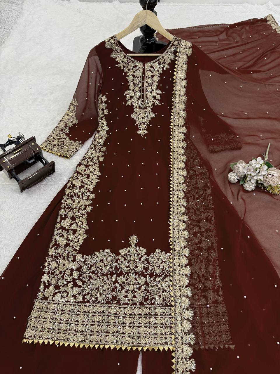 Prazu Fashion Coffee Georgette Sequin With Rivet Moti Palazzo Suit | Grocsy