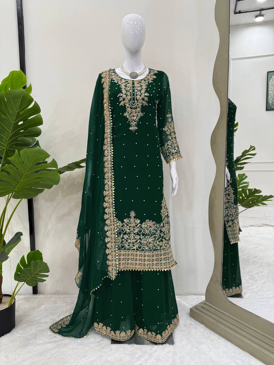 Prazu Fashion Green Georgette Sequin With Rivet Moti Palazzo Suit | Grocsy
