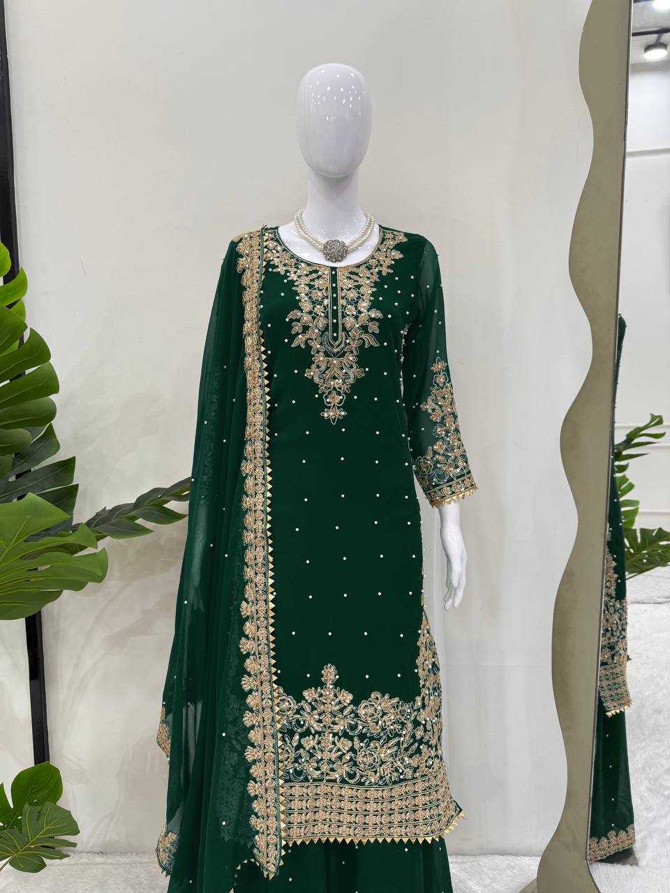 Prazu Fashion Green Georgette Sequin With Rivet Moti Palazzo Suit | Grocsy