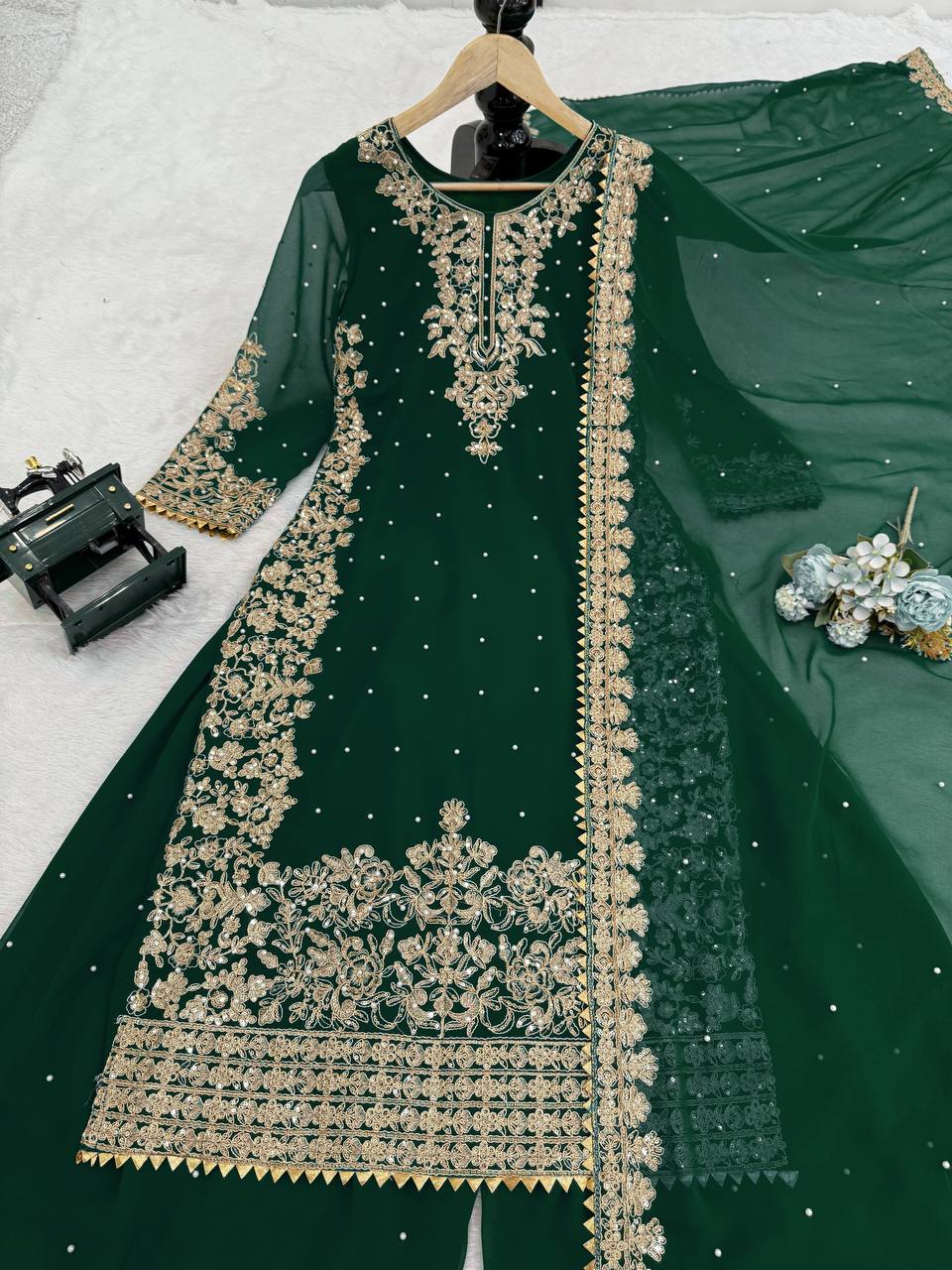 Prazu Fashion Green Georgette Sequin With Rivet Moti Palazzo Suit | Grocsy