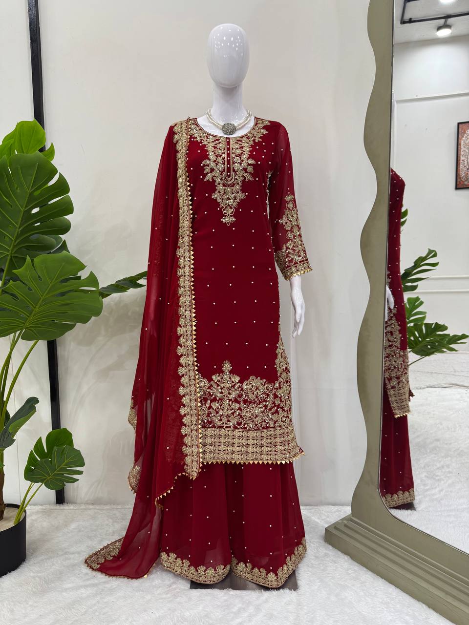 Prazu Fashion Maroon Georgette Sequin With Rivet Moti Palazzo Suit | Grocsy
