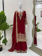 Prazu Fashion Maroon Georgette Sequin With Rivet Moti Palazzo Suit | Grocsy