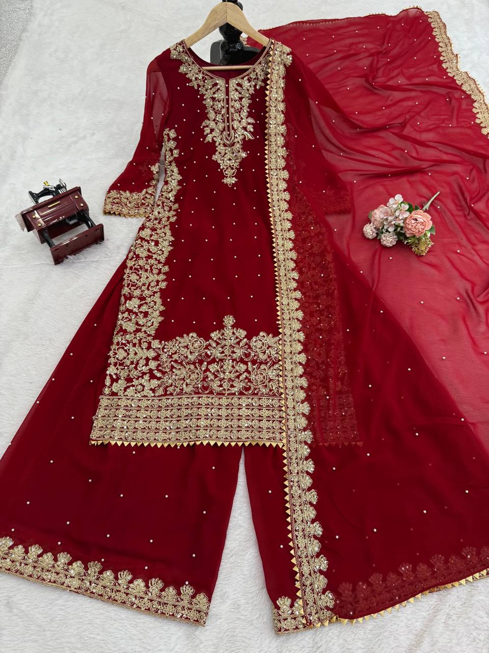 Prazu Fashion Maroon Georgette Sequin With Rivet Moti Palazzo Suit | Grocsy