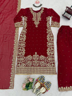 Prazu Fashion Maroon Georgette Sequin With Rivet Moti Palazzo Suit | Grocsy
