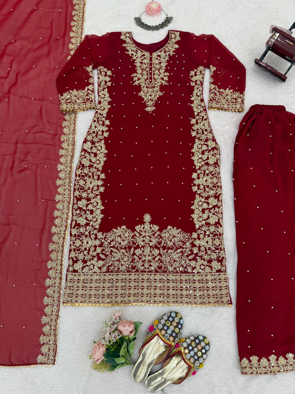 Prazu Fashion Maroon Georgette Sequin With Rivet Moti Palazzo Suit | Grocsy