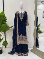 Prazu Fashion Navy Blue Georgette Sequin With Rivet Moti Palazzo Suit | Grocsy