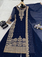 Prazu Fashion Navy Blue Georgette Sequin With Rivet Moti Palazzo Suit | Grocsy