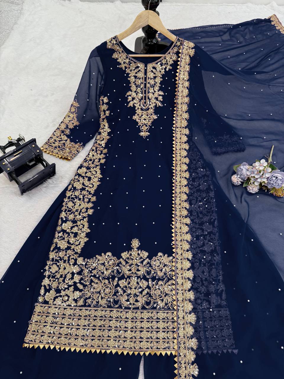 Prazu Fashion Navy Blue Georgette Sequin With Rivet Moti Palazzo Suit | Grocsy