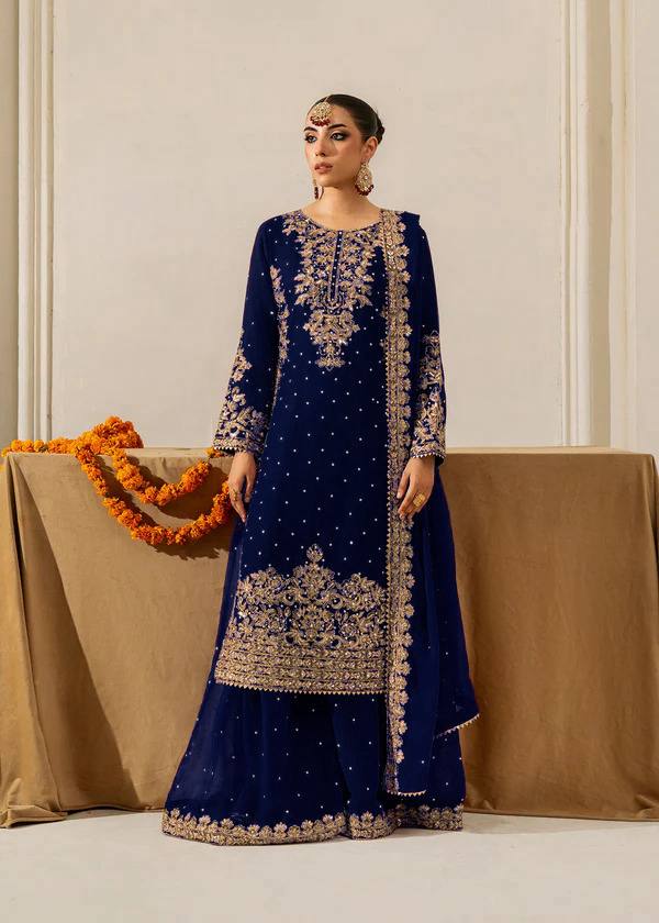 Prazu Fashion Navy Blue Georgette Sequin With Rivet Moti Palazzo Suit | Grocsy