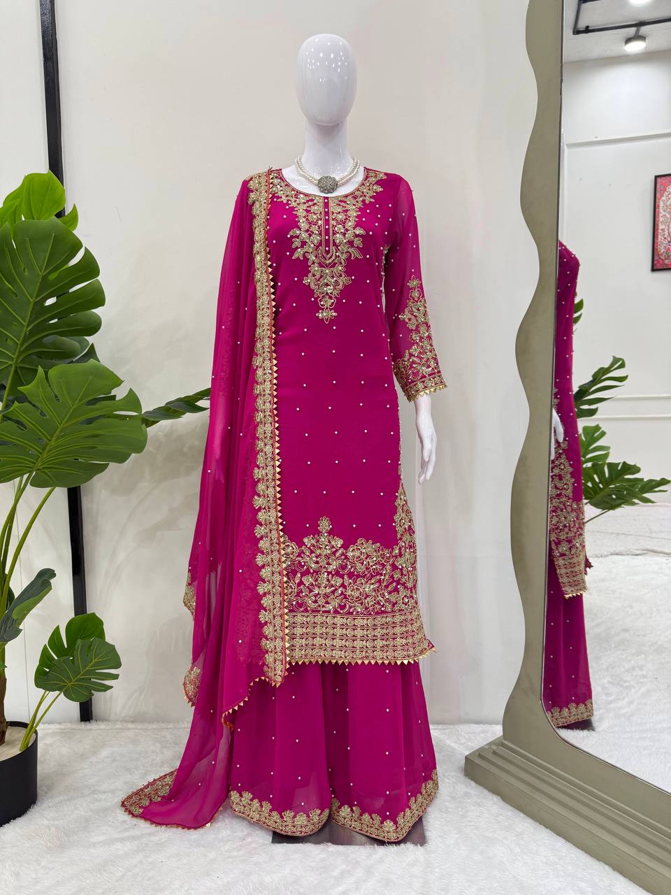 Prazu Fashion Pink Georgette Sequin With Rivet Moti Palazzo Suit | Grocsy