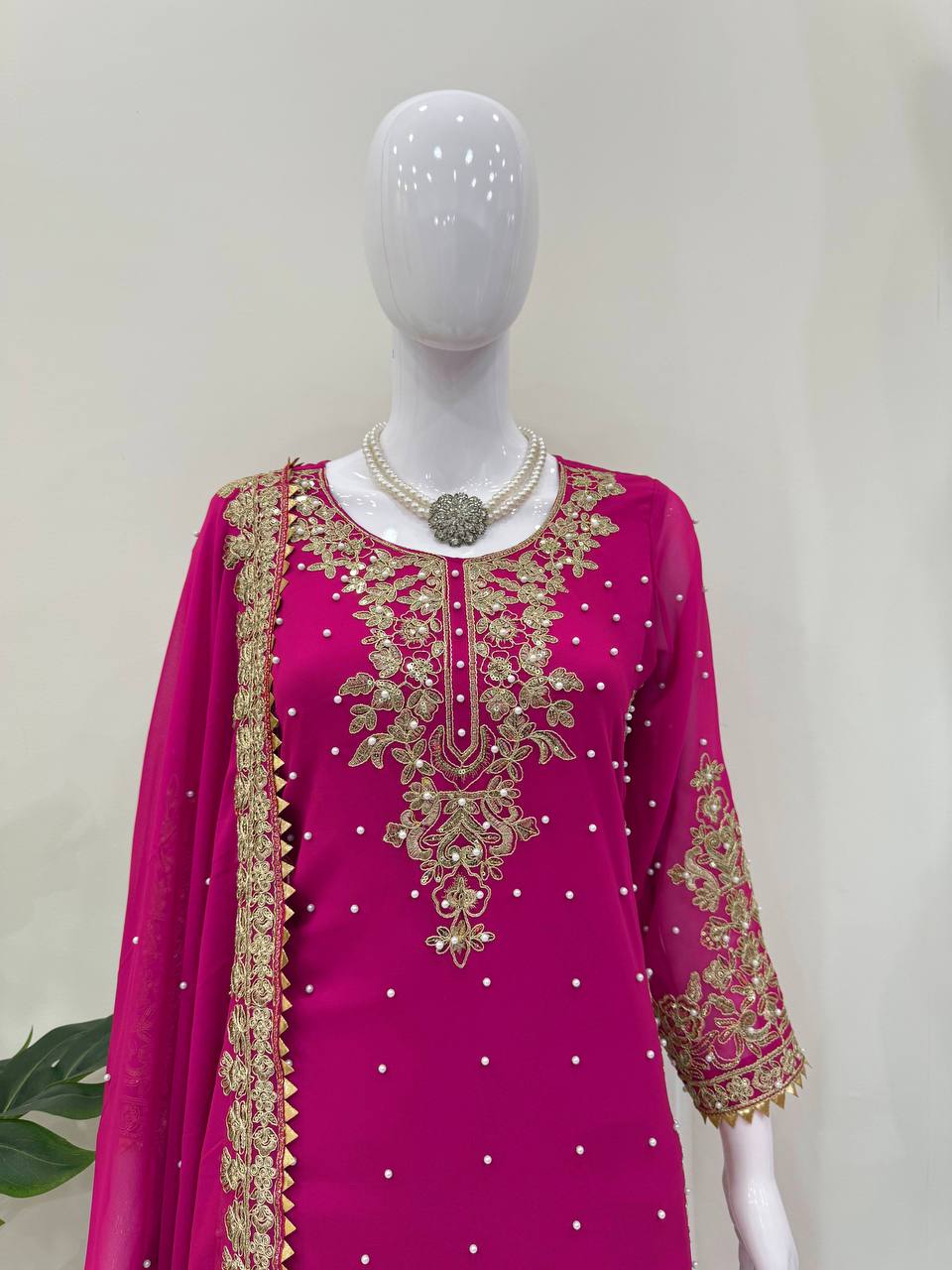 Prazu Fashion Pink Georgette Sequin With Rivet Moti Palazzo Suit | Grocsy