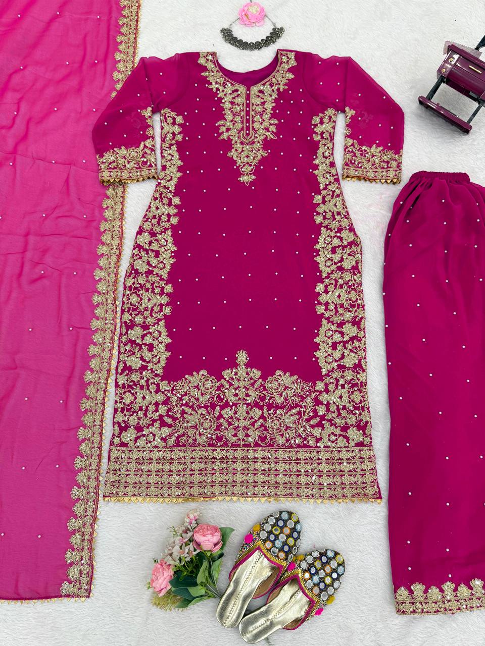 Prazu Fashion Pink Georgette Sequin With Rivet Moti Palazzo Suit | Grocsy